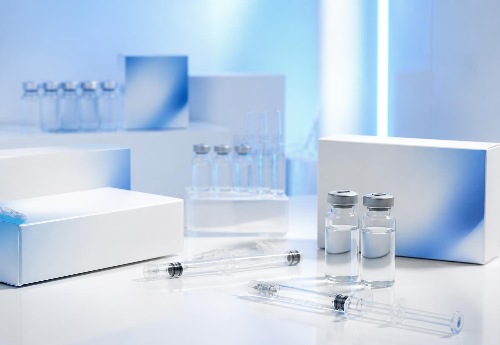 Produtos estéticos injetáveis originais organizados em ambiente clínico